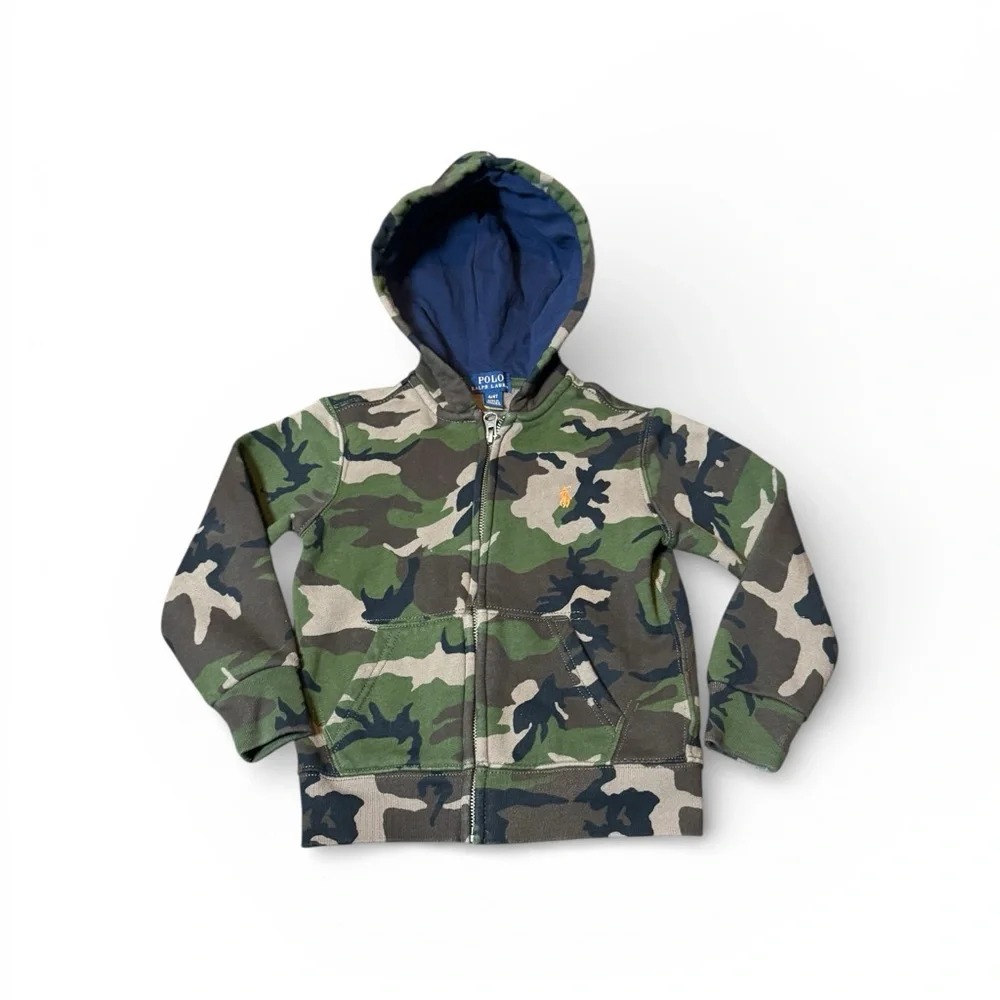 Polo Ralph Lauren Green Camouflage Hoodie Size 4T Full Zip Front Pockets
